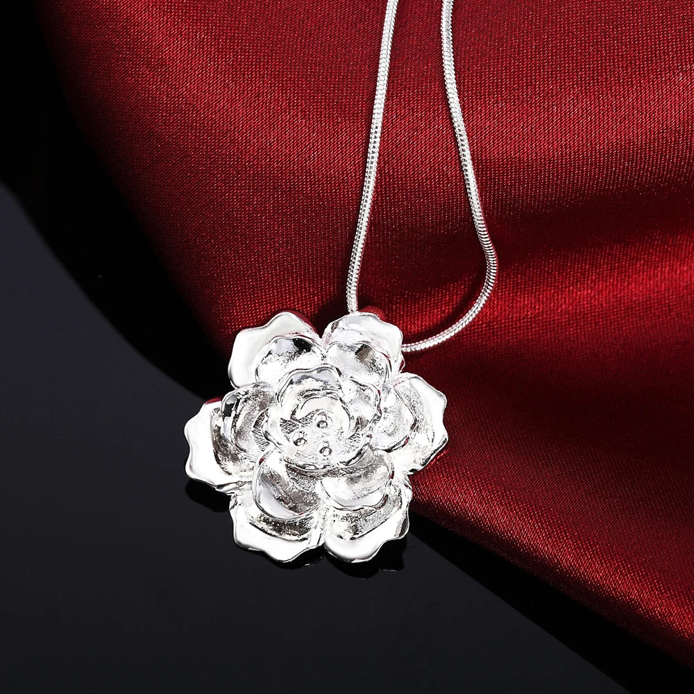 925 Sterling Silver Snake Chain Flower Pendant Necklace For Women