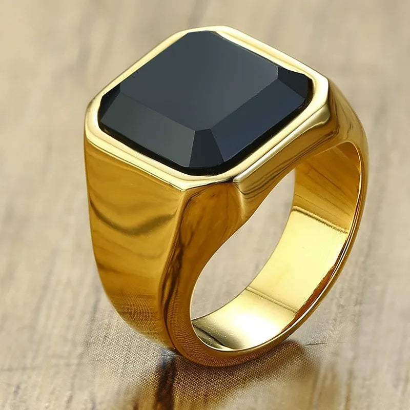 Mens Ring Black Carnelian Signet Rings Stainless Steel Square Pinky Rings