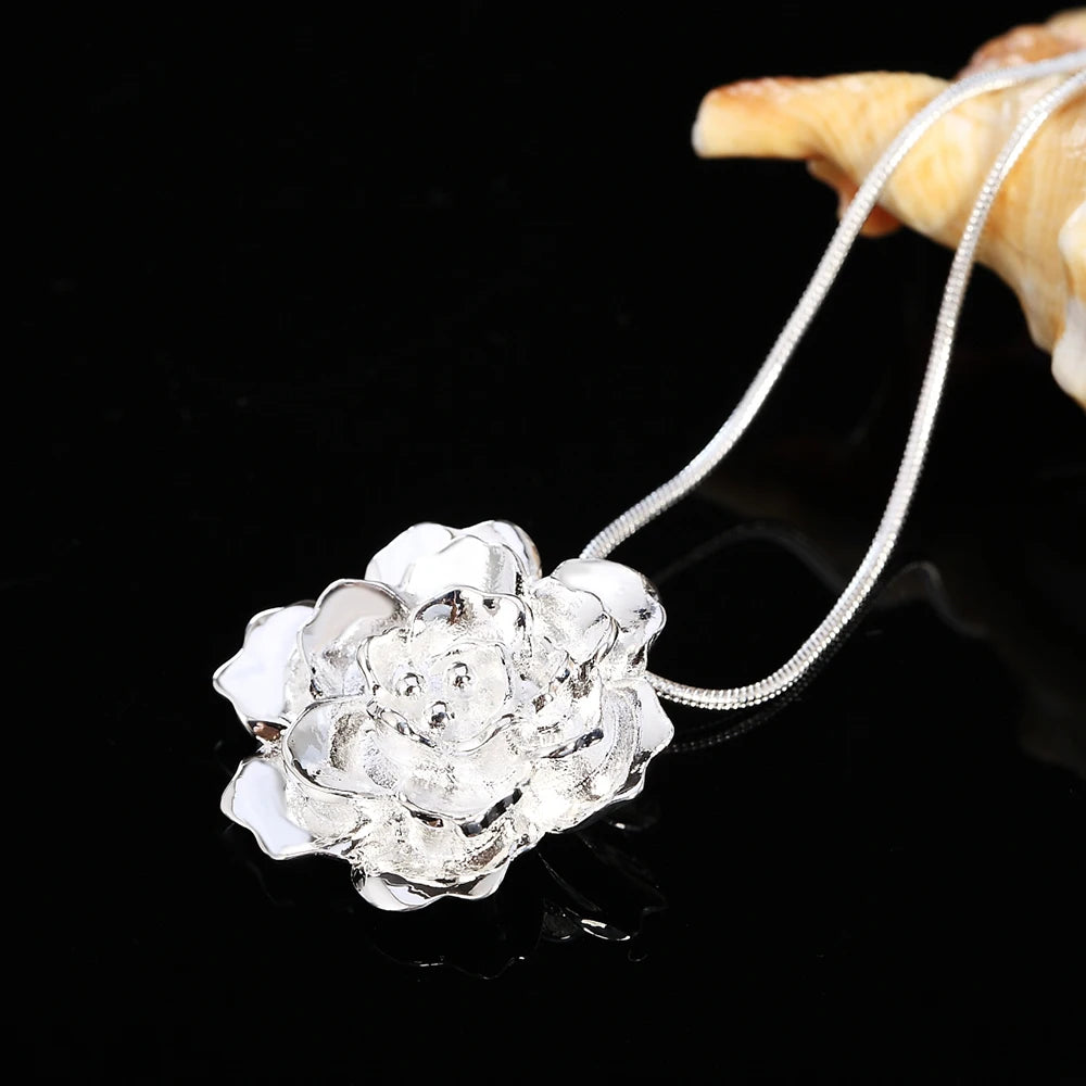 925 Sterling Silver Snake Chain Flower Pendant Necklace For Women