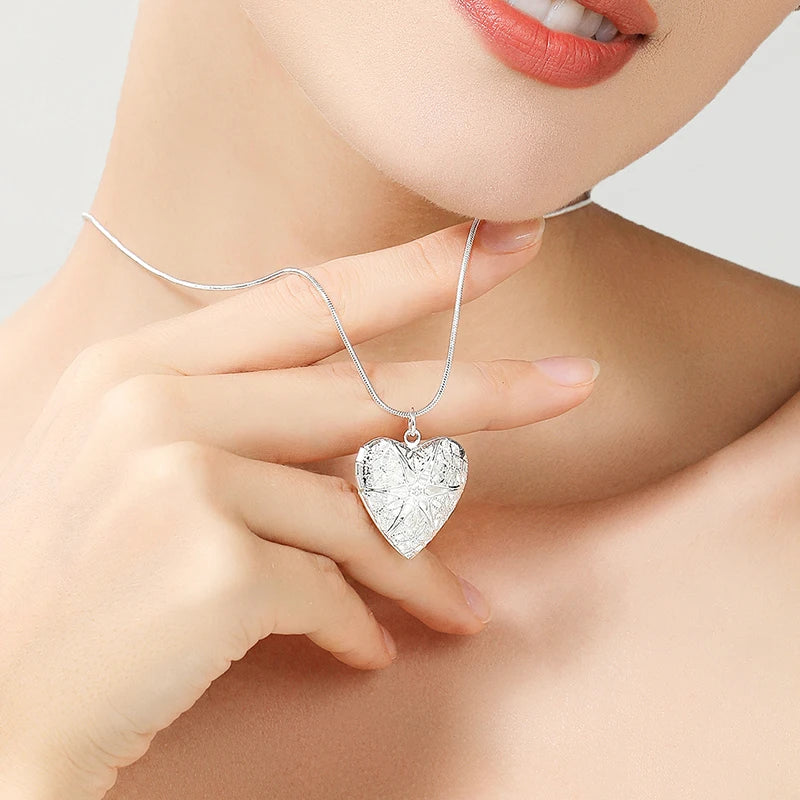 925 Sterling Silver Photo Frame Pendant Necklace Snake Chain For Woman