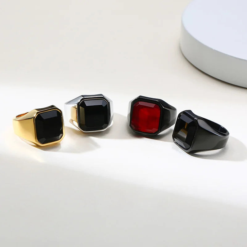Mens Ring Black Carnelian Signet Rings Stainless Steel Square Pinky Rings