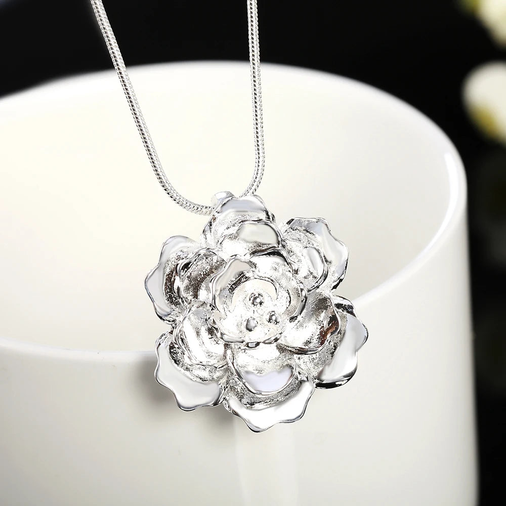 925 Sterling Silver Snake Chain Flower Pendant Necklace For Women