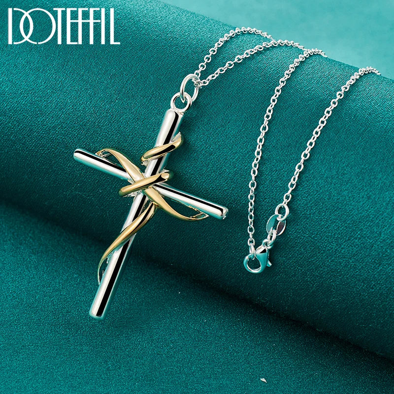 925 Sterling Silver Gold Cross Pendant Necklace Chain For Woman Man