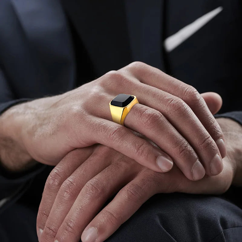 Mens Ring Black Carnelian Signet Rings Stainless Steel Square Pinky Rings