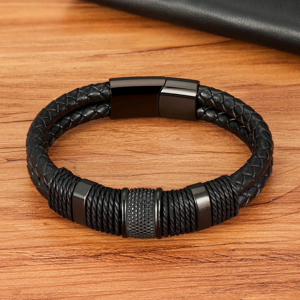 Woven Leather Rope Wrap Stainless Steel Mens Leather Bracelet