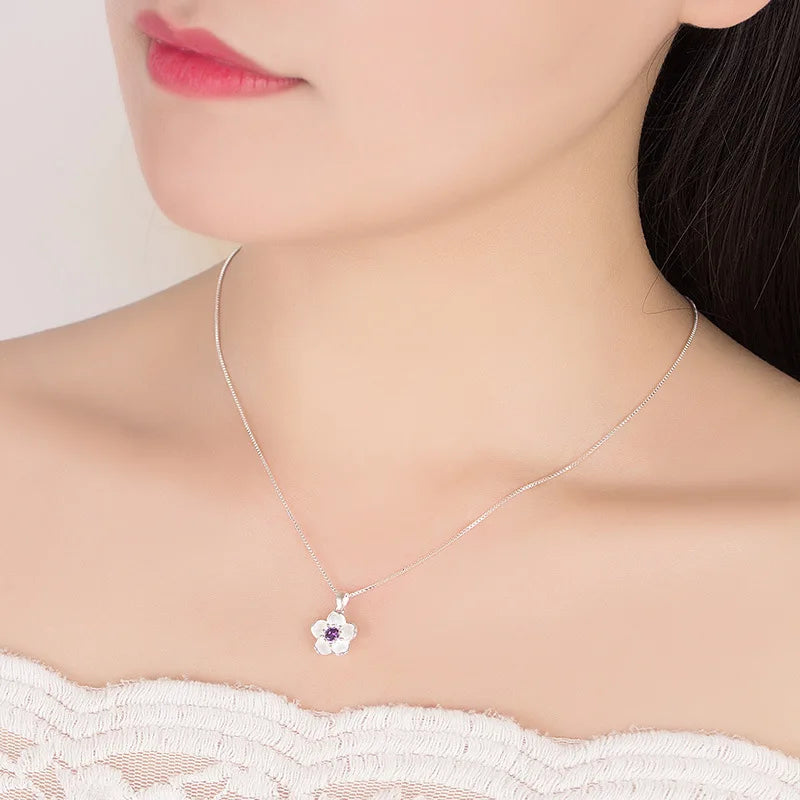 925 Sterling Silver Pink Purple Peach Blossom Necklaces For Women