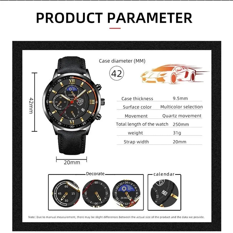 Mens Sports Quartz Watch Leather Bracelet Set