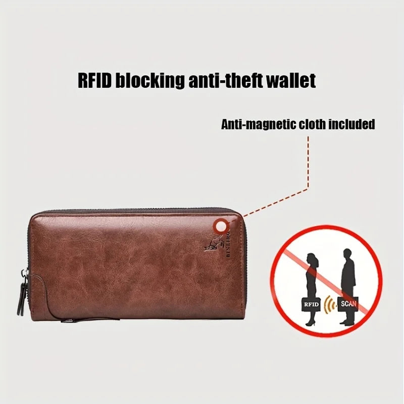 Mens Long Zipper Wallet High Quality Pu Leather RFID Card Holder