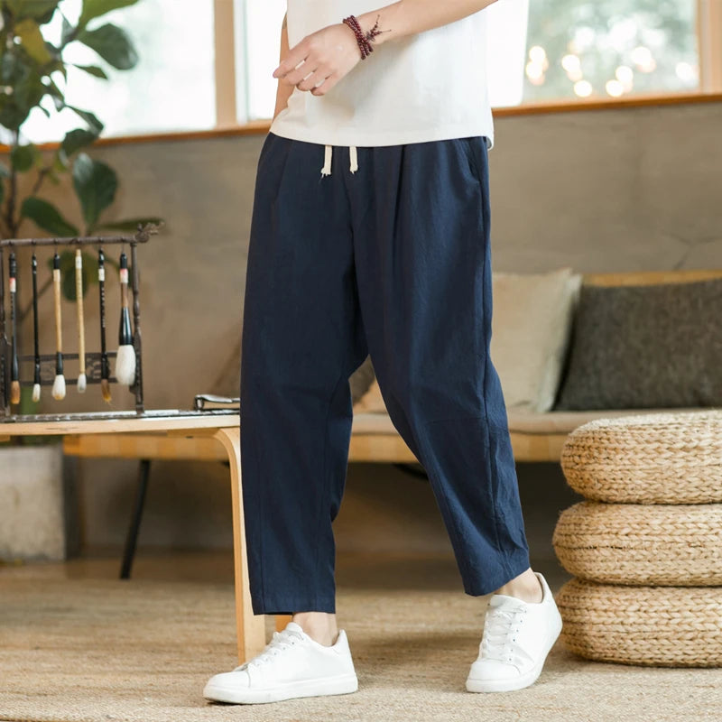 Mens Trousers Cotton Linen Casual Pants Breathable Loose Shorts Straight