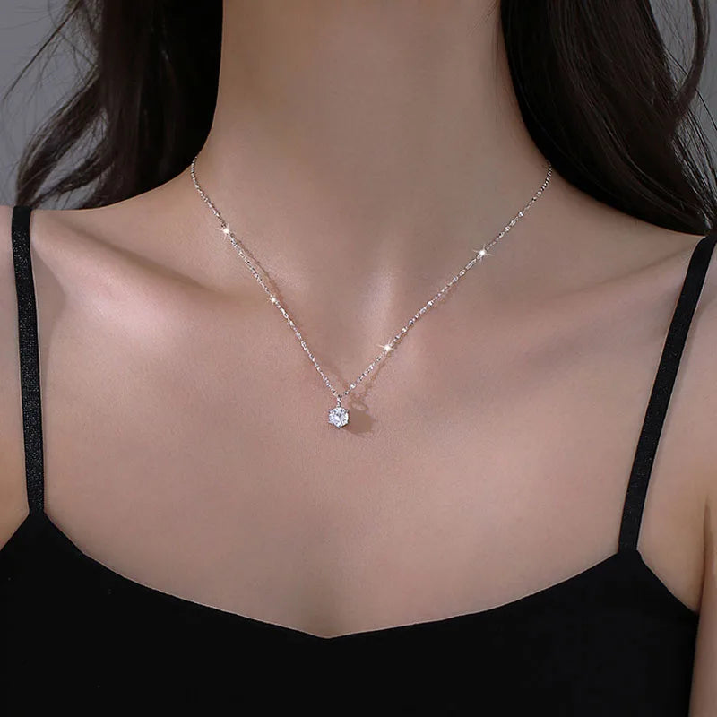 925 Sterling Silver Plated Necklace Sparkling AAA Zircon Clavicle