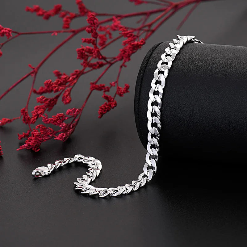 925 Sterling Silver Charm 7MM Chain Unisex Bracelets Neckalces Jewelry Set