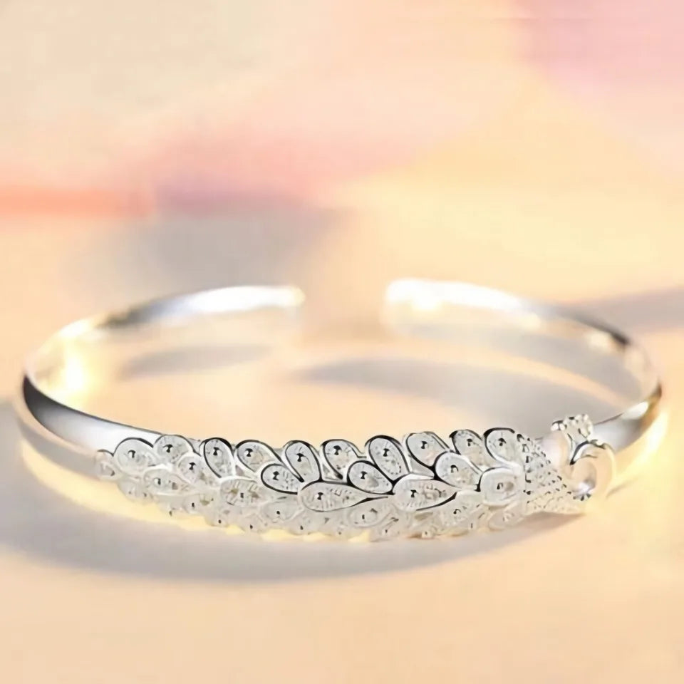 925 Sterling Silver Elegant Peacock Bracelet Bangles for Women