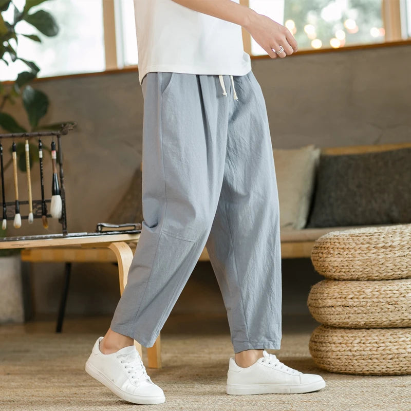 Mens Trousers Cotton Linen Casual Pants Breathable Loose Shorts Straight
