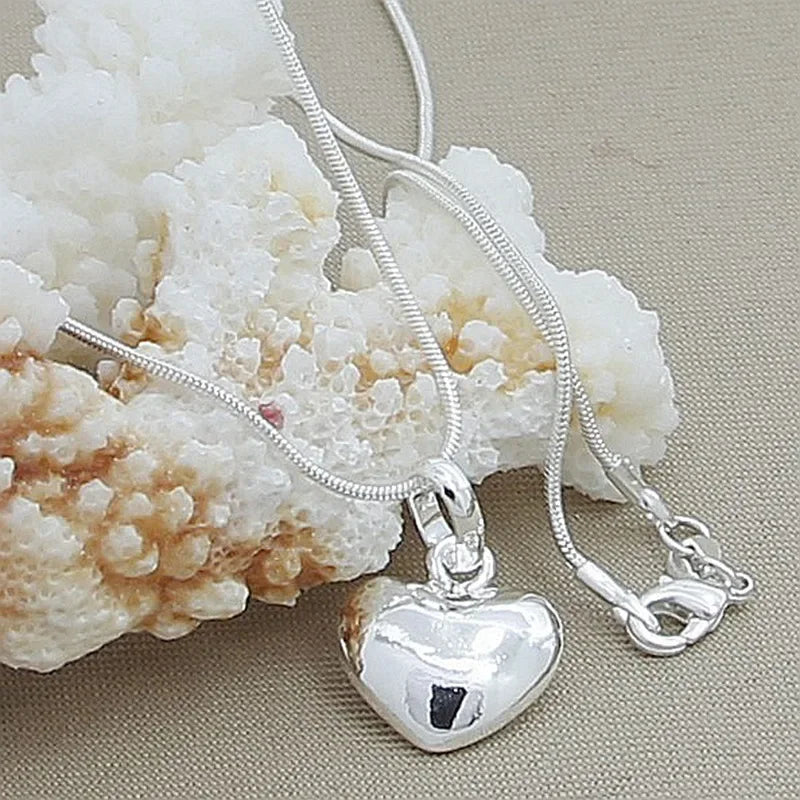 Fine 925 Sterling Silver Solid Heart Necklace Snake Chain For Women