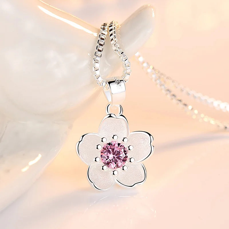 925 Sterling Silver Pink Purple Peach Blossom Necklaces For Women