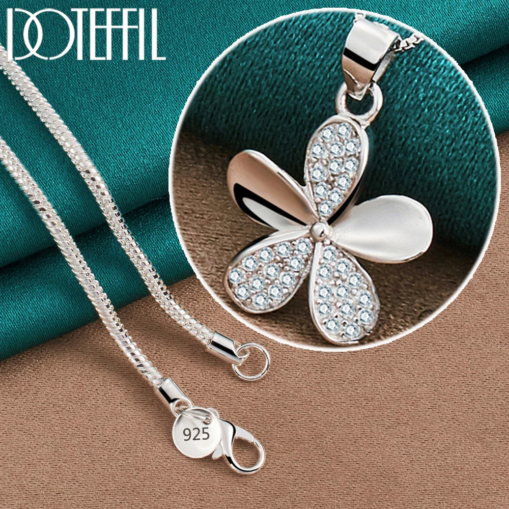 925 Sterling Silver Petal Pendant Necklace Full AAA Zircon Chain For Woman