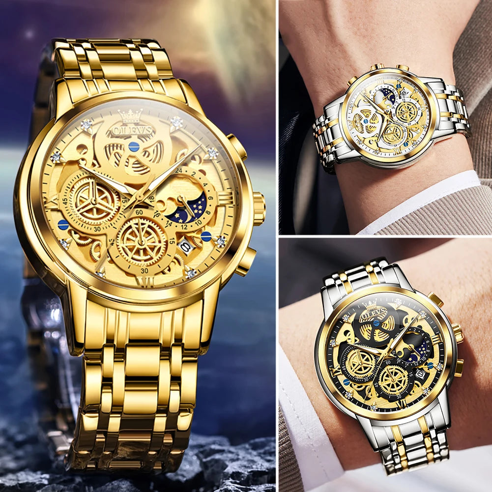 Luxury Original Waterproof Mens Quartz Watch Gold Skeleton Style