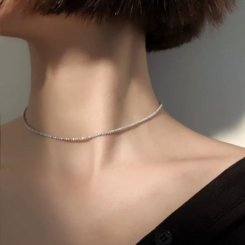 Popular Silver Colour Sparkling Clavicle Chain Choker Necklace For Womens