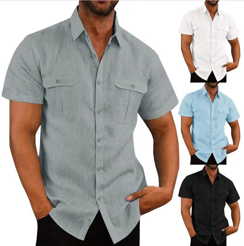 Summer Cotton Linen Mens Short Sleeved Shirts Casual Beach Style