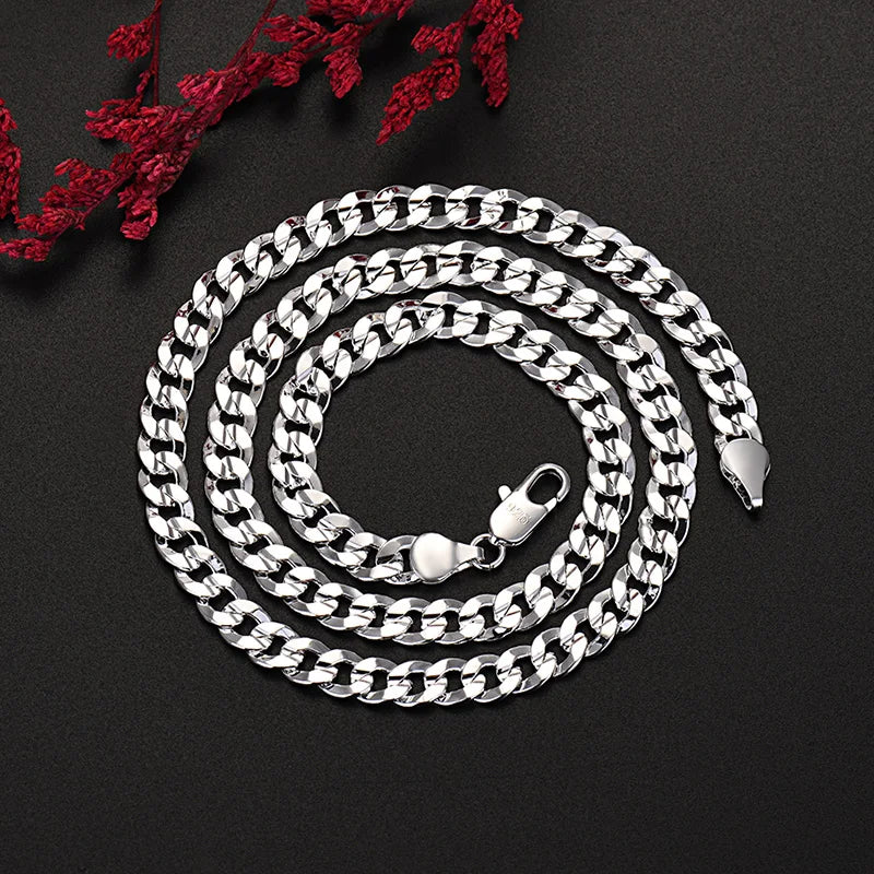 925 Sterling Silver Charm 7MM Chain Unisex Bracelets Neckalces Jewelry Set