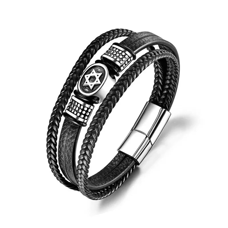 Vintage Norse Hexagram Leather Amulet Bracelet For Men