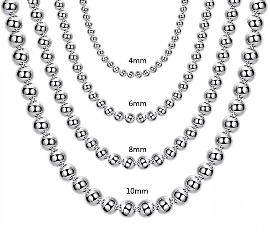 925 Sterling Silver Smooth Beads Ball Chain Necklace For Womens Mens