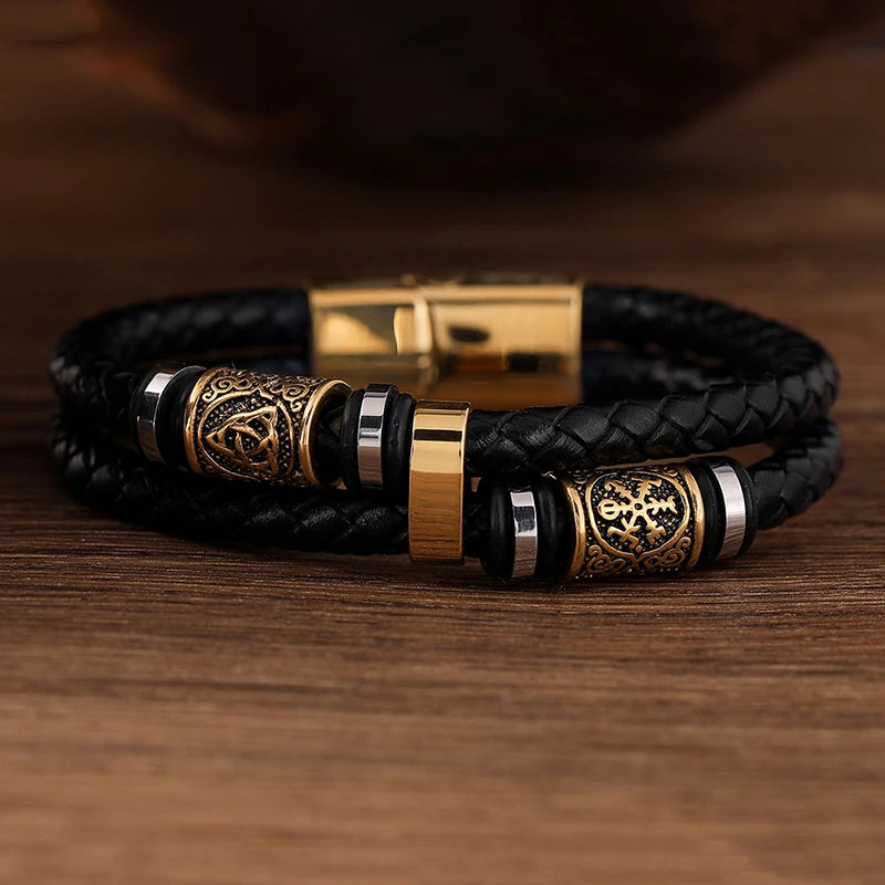 Norse Mythology Viking Compass Runes Amulet Leather Bracelet for Men