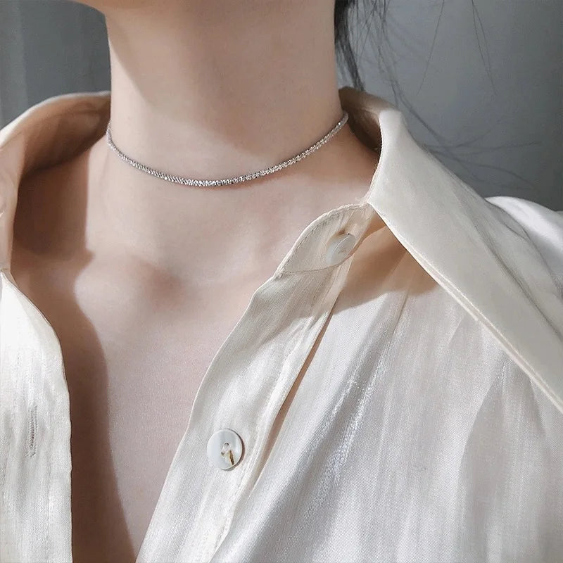 Popular Silver Colour Sparkling Clavicle Chain Choker Necklace For Womens