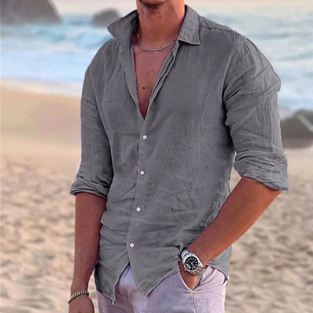 Mens Shirt Cotton Linen Fashion Casual Polo Neck Beach Shirts