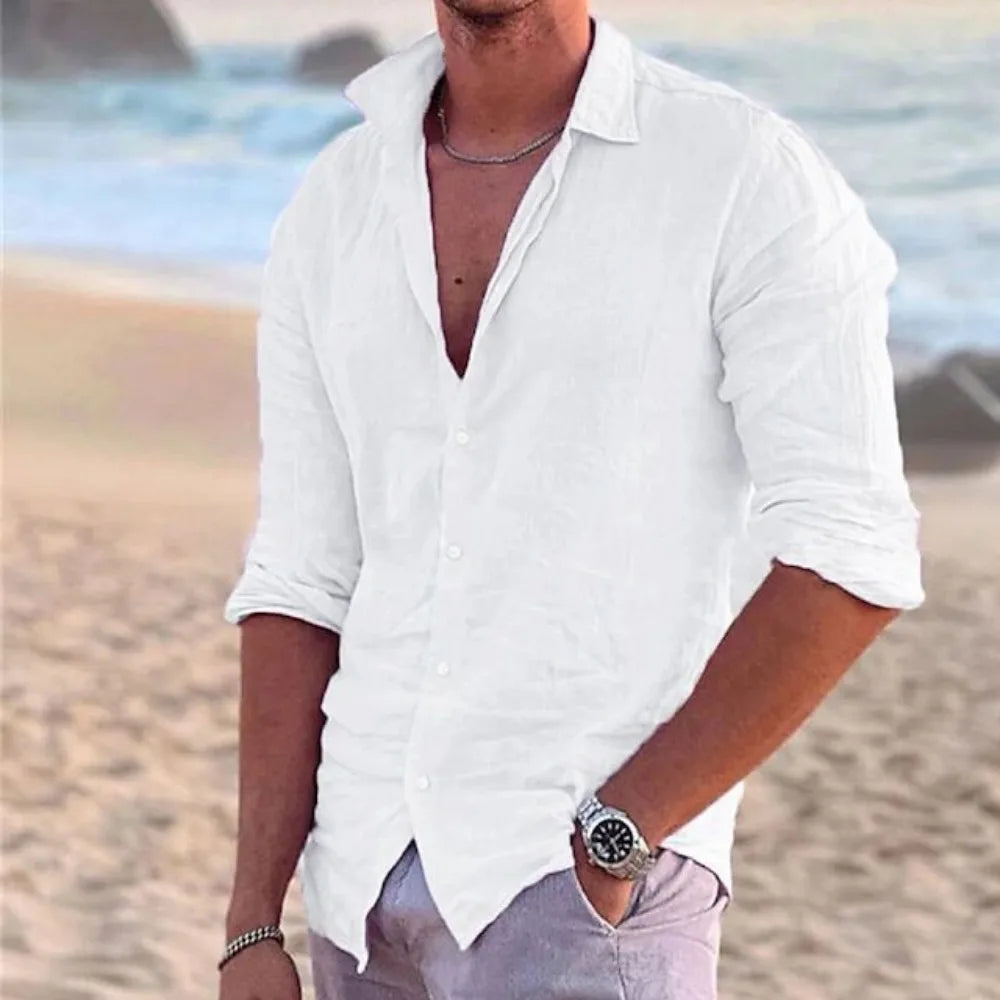 Mens Shirt Cotton Linen Fashion Casual Polo Neck Beach Shirts