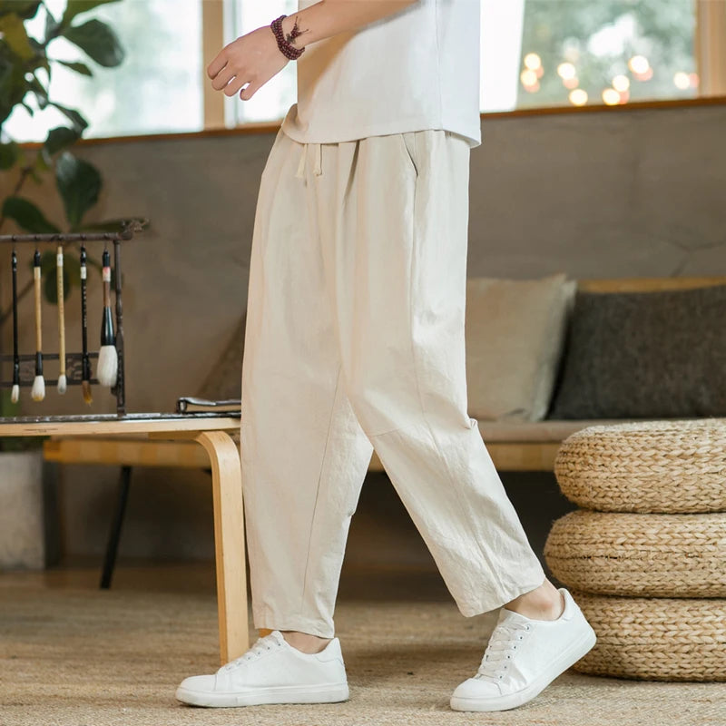 Mens Trousers Cotton Linen Casual Pants Breathable Loose Shorts Straight