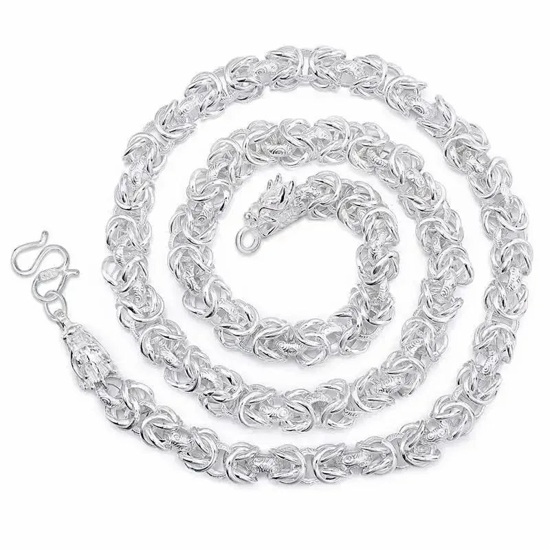 Solid 925 Sterling Silver Necklace For Men 8mm Round Dragon 60cm Charm