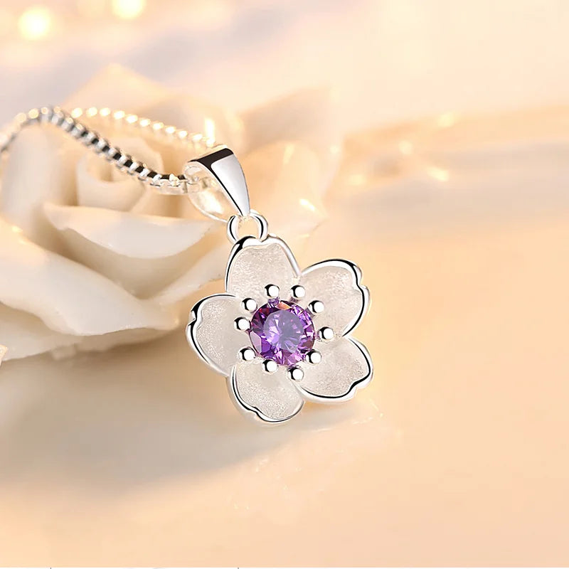 925 Sterling Silver Pink Purple Peach Blossom Necklaces For Women