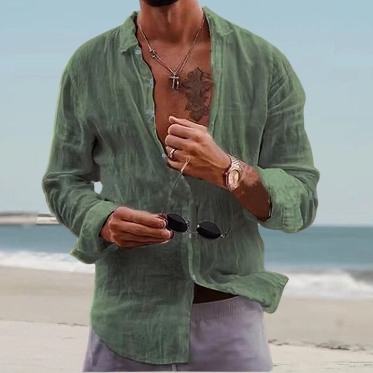 Mens Plain Cotton Linen Loose Lapels Long Sleeved Casual Shirts