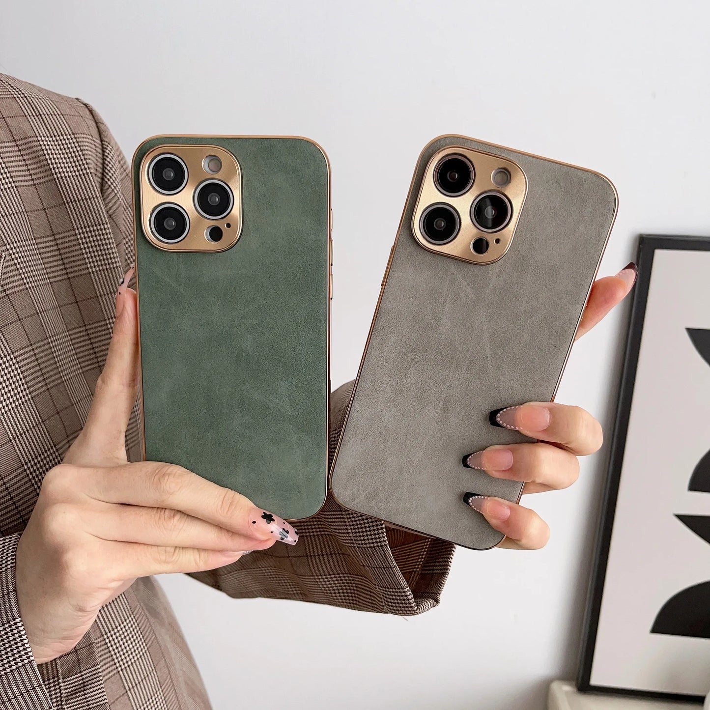 Electroplated Frame Lambskin Leather Phone Case For Iphone 15 14 13 12 11