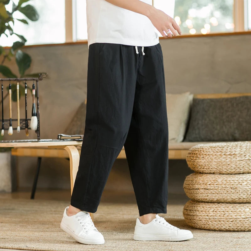 Mens Trousers Cotton Linen Casual Pants Breathable Loose Shorts Straight