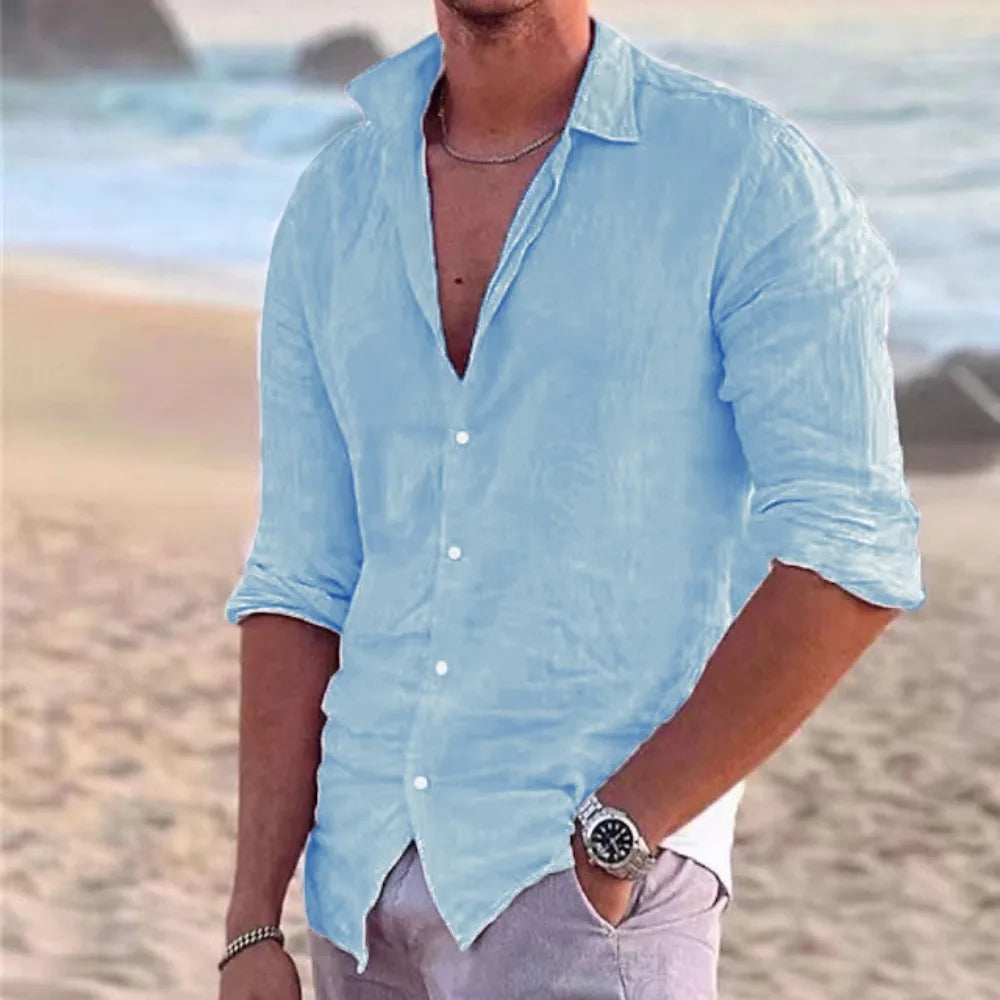 Mens Shirt Cotton Linen Fashion Casual Polo Neck Beach Shirts