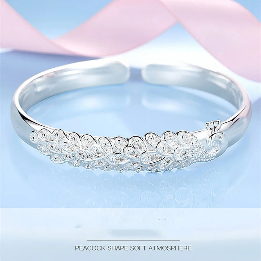 925 Sterling Silver Elegant Peacock Bracelet Bangles for Women
