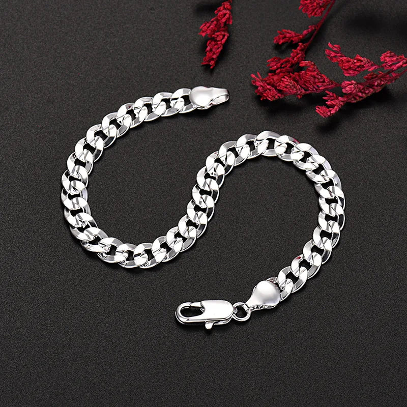 925 Sterling Silver Charm 7MM Chain Unisex Bracelets Neckalces Jewelry Set