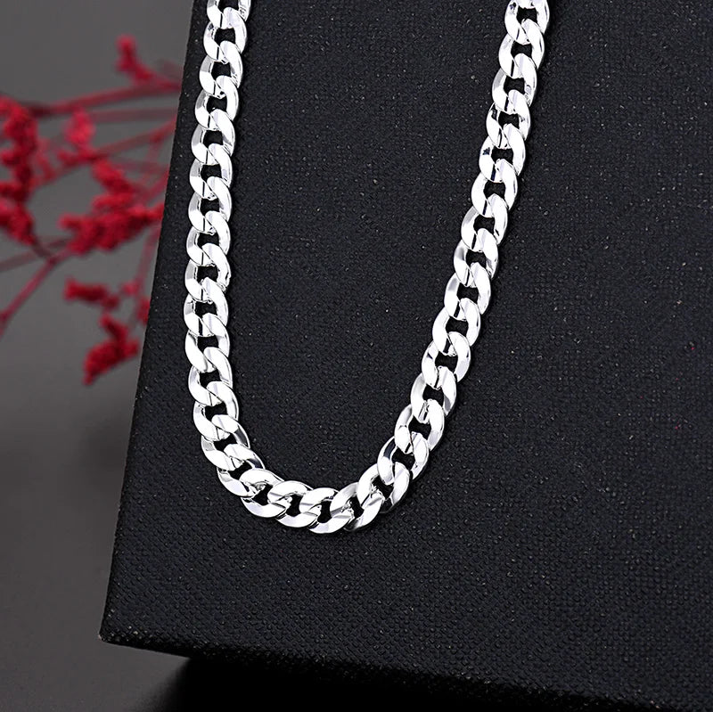 925 Sterling Silver Charm 7MM Chain Unisex Bracelets Neckalces Jewelry Set