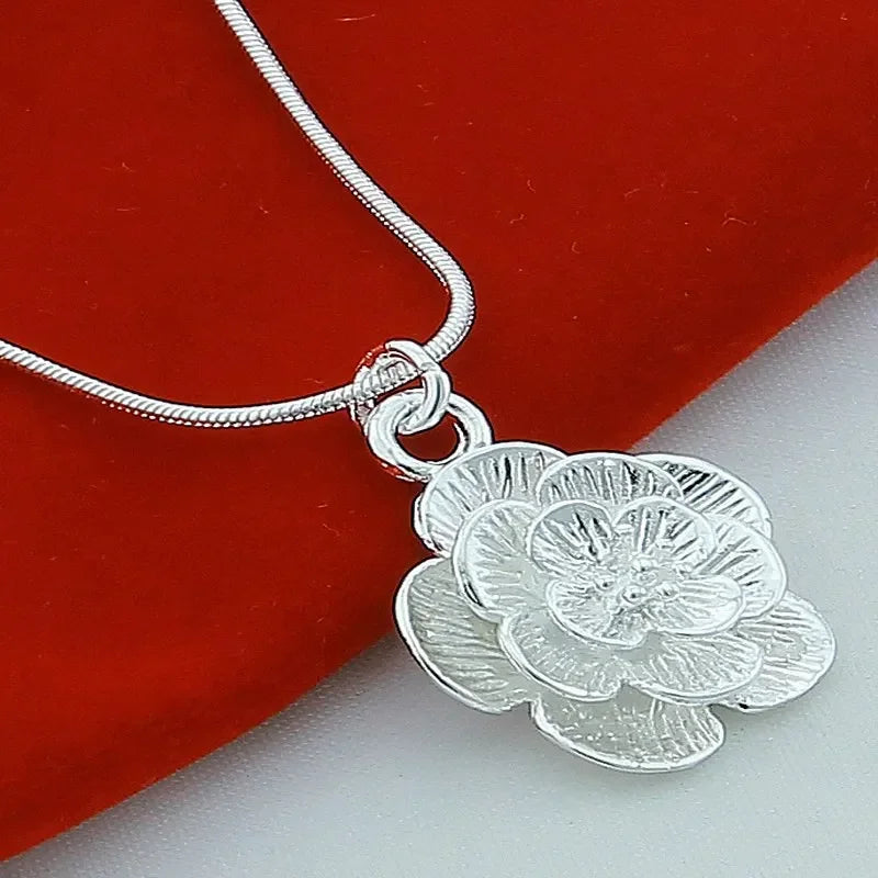 925 Sterling Silver Rose Flower Pendant Necklace For Women