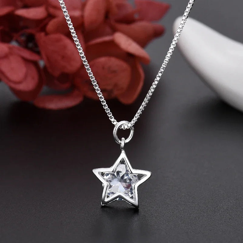 925 Sterling Silver Pretty Shining Crystal Star Necklace for Women