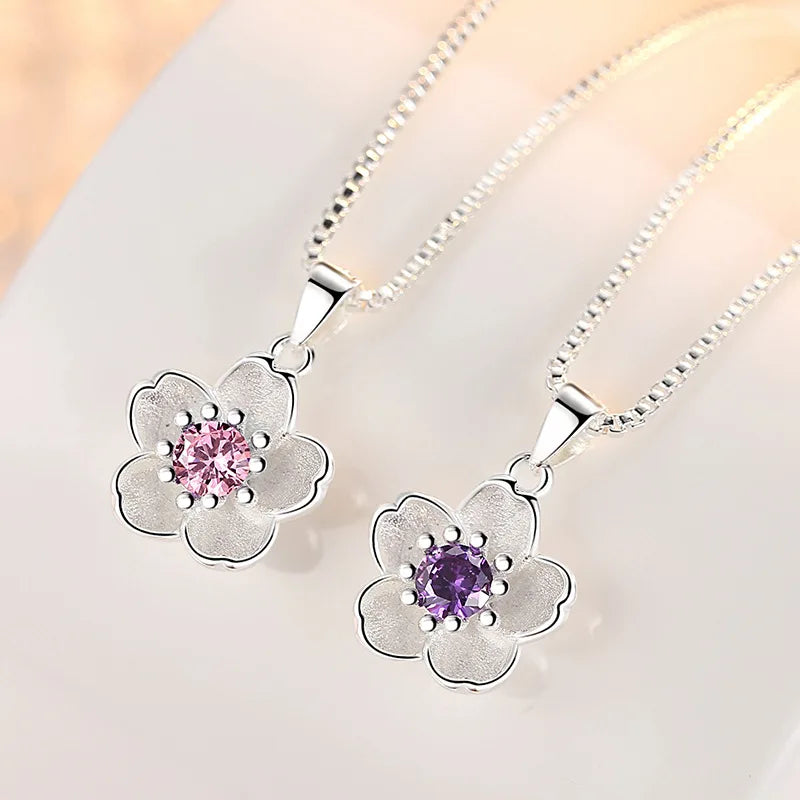 925 Sterling Silver Pink Purple Peach Blossom Necklaces For Women