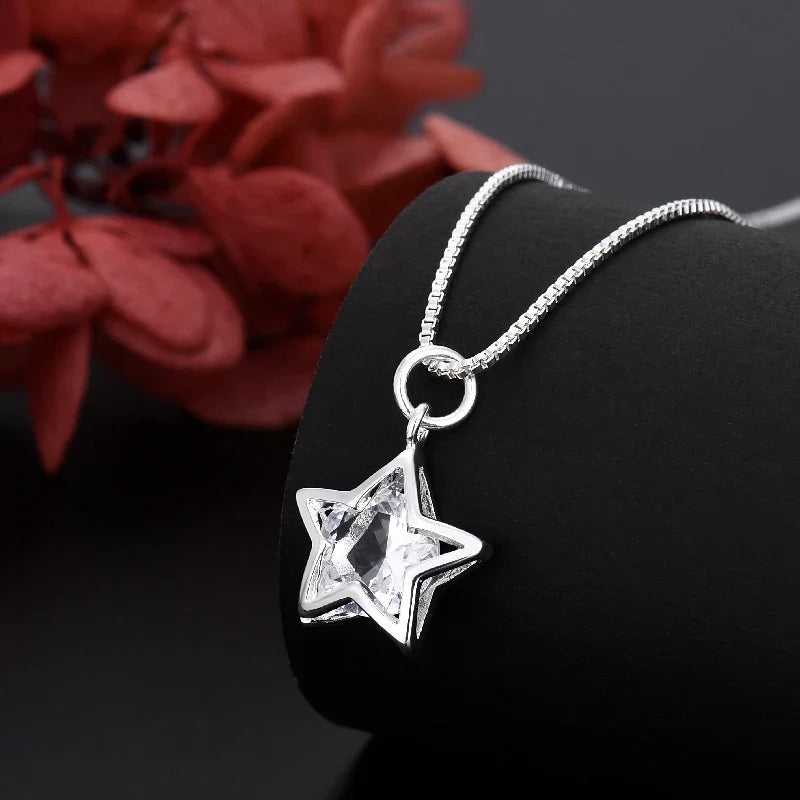 925 Sterling Silver Pretty Shining Crystal Star Necklace for Women