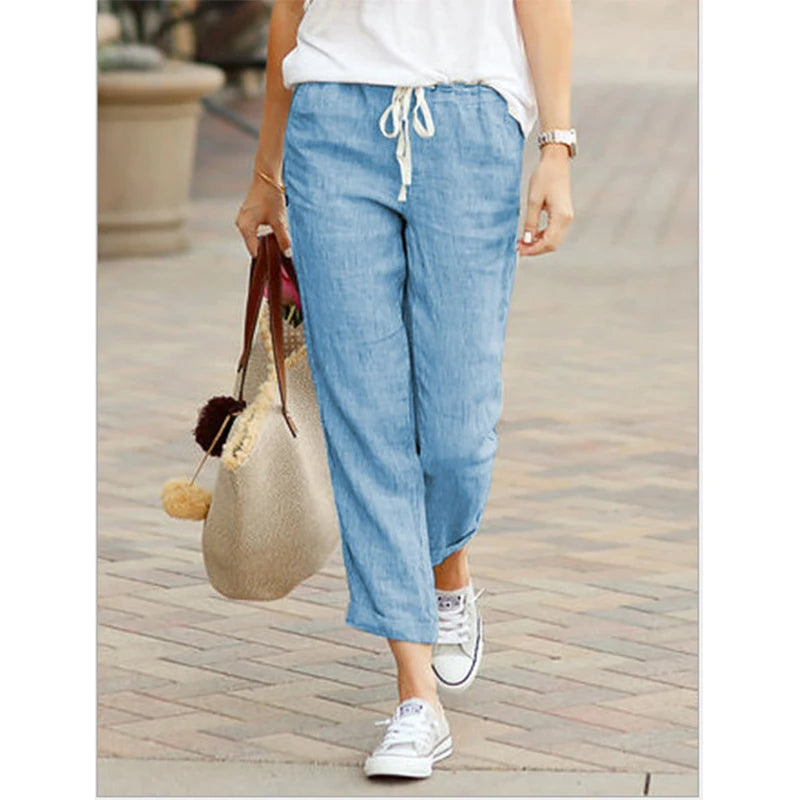 Autumn Cotton Womens Pants Drawstring Elastic Waist Casual Pants