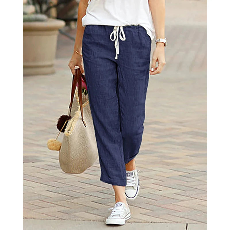 Autumn Cotton Womens Pants Drawstring Elastic Waist Casual Pants