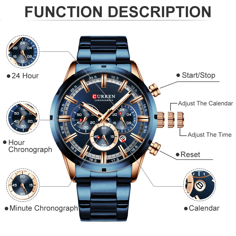 Luxury Sports Quartz Mens Watch Waterproof Chronograph Wristwatch