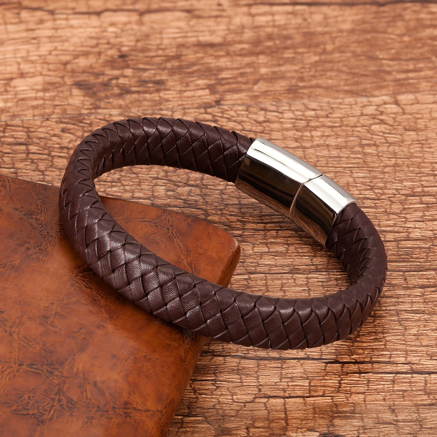 Mens Braided Leather Bracelet Stainless Steel Magnetic Clasp