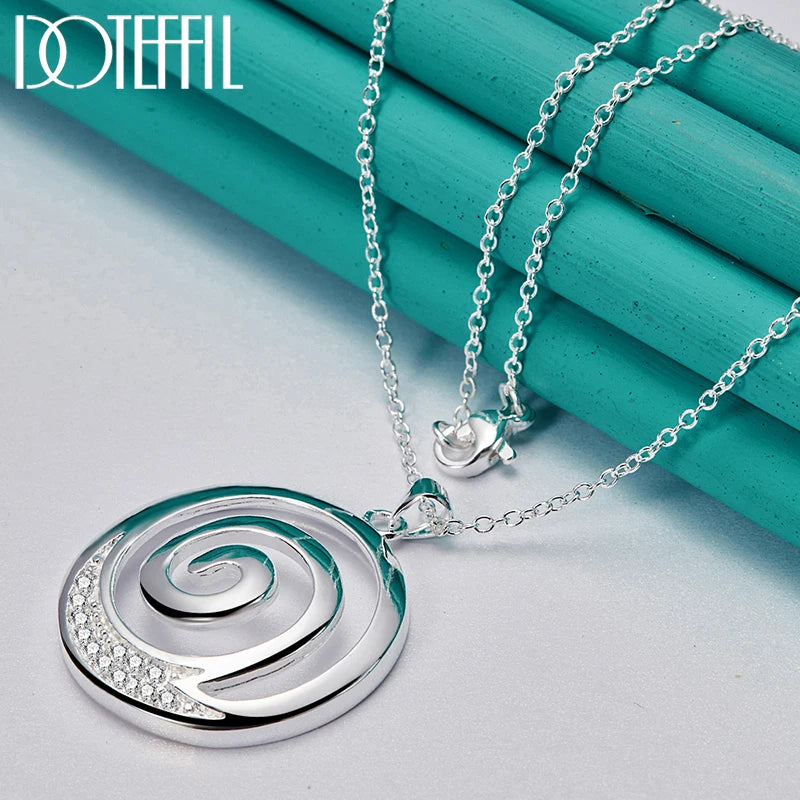 925 Sterling Silver AAA Zircon Round Spiral Pendant Necklace For Woman Man