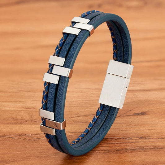 Three Layer Stitching Accessories Stainless Steel Mens Leather Bracelet